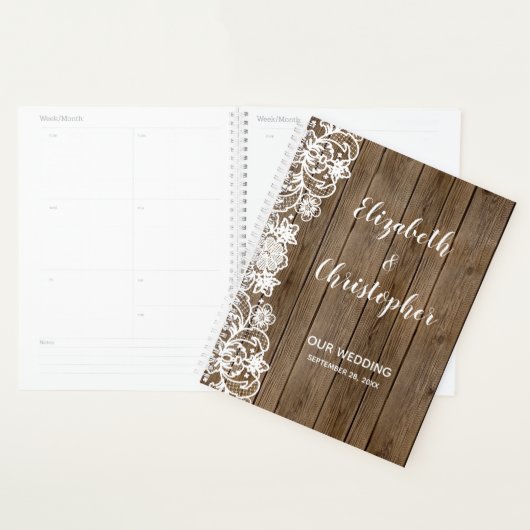 Rustic Barn Wood White Lace Calligraphy Wedding Planner (Display)