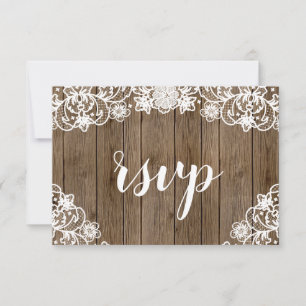 Rustic Barn Wood White Lace Calligraphy Wedding RSVP Kaartje