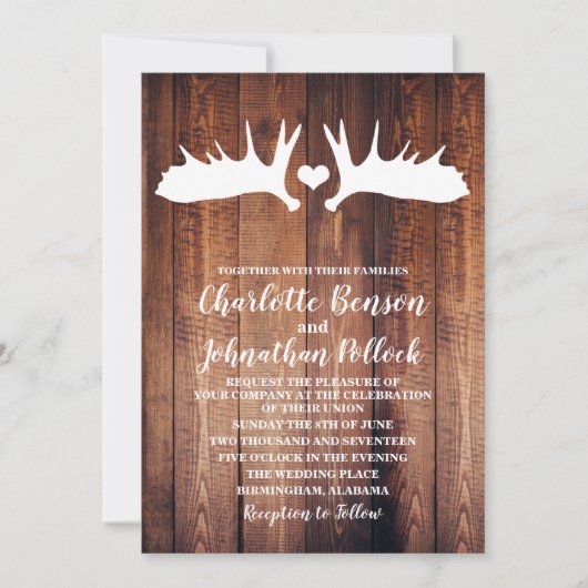 Rustic Barn Wood & White Moose Antlers bruiloft Kaart (Voorkant)