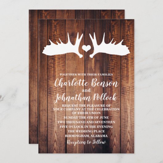 Rustic Barn Wood & White Moose Antlers bruiloft Kaart (Voorkant / Achterkant)