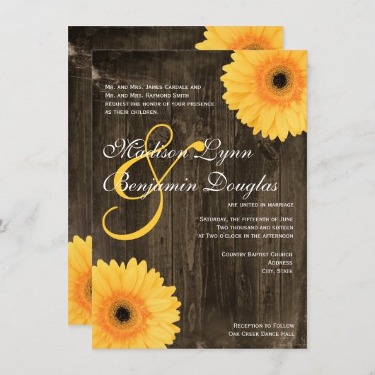 Rustic Barn Wood Yellow Daisy Wedding Invitation Kaart (Voorkant / Achterkant)