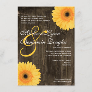 Rustic Barn Wood Yellow Daisy Wedding Invitation Kaart