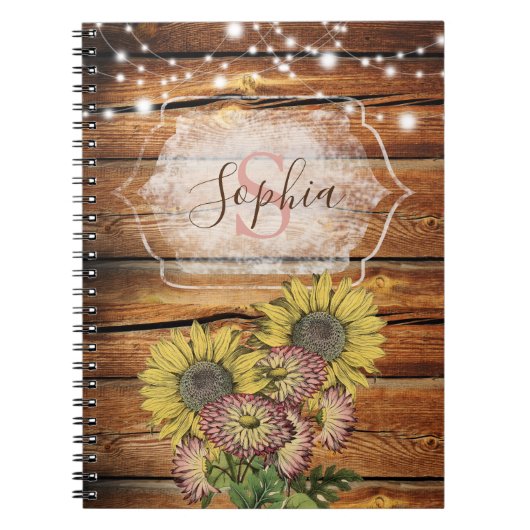Rustic Barn Wood Zonnebloem Monogram Notitieboek (Voorkant)
