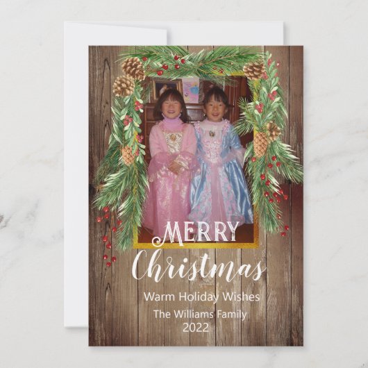 Rustic Barnboard, Pine Garland, FotoKerstmis Kaart (Voorkant)