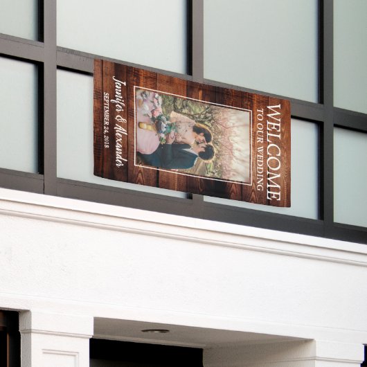 Rustic barnhout welkom op onze huwelijksfoto spandoek (Buitenkant Gebouw)