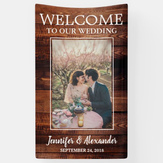 Rustic barnhout welkom op onze huwelijksfoto spandoek (Verticaal)