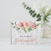 Rustic Barnwood Blush Floral Bridesmaid Voorstel Kaart (Staand voorkant)