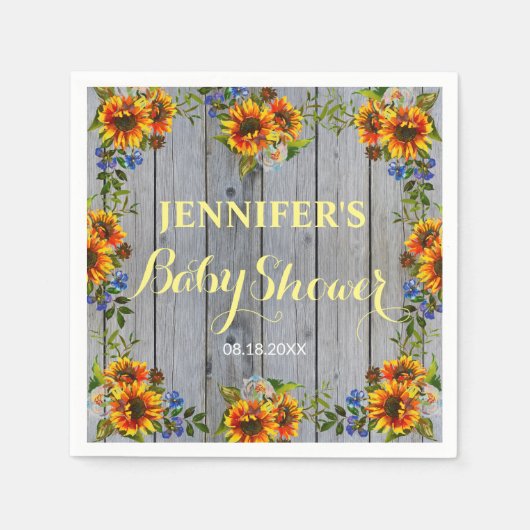 Rustic Barnwood Boho Sunflower Baby shower Napkins Servet (Voorkant)