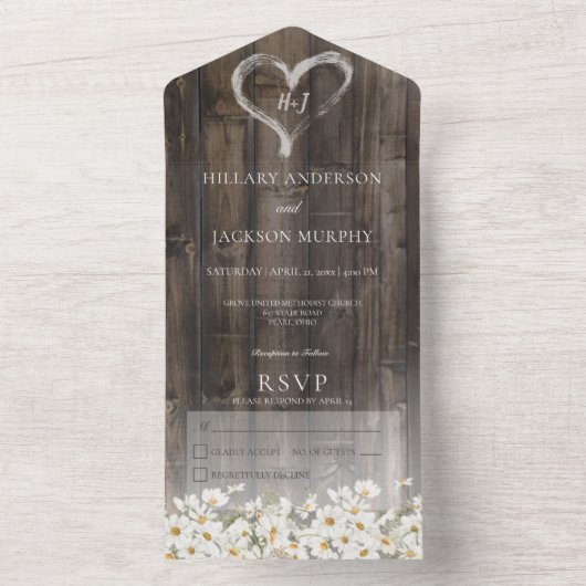 Rustic Barnwood & Daisies No Dinner All In One Uitnodiging (Binnen)