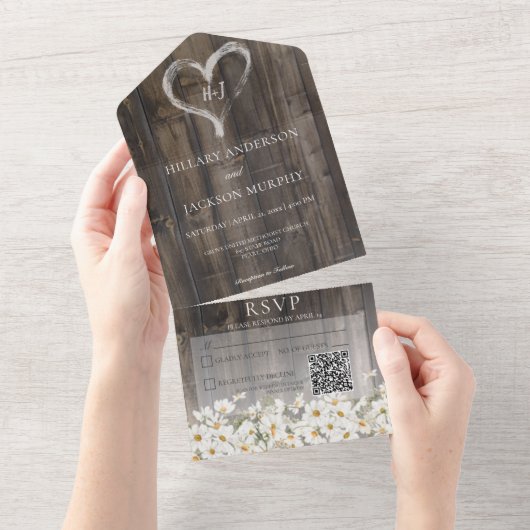Rustic Barnwood & Daisies QR Code All In One Uitnodiging (Afscheurbaar)