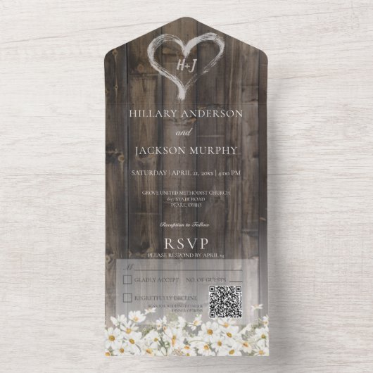 Rustic Barnwood & Daisies QR Code All In One Uitnodiging (Binnen)