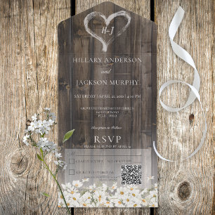 Rustic Barnwood & Daisies QR Code All In One Uitnodiging