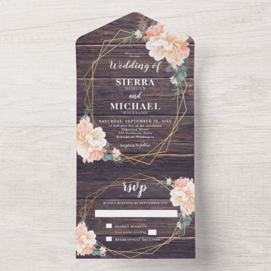 Rustic Barnwood Floral Peach Cream Gold Wedding All In One Uitnodiging (Binnen)