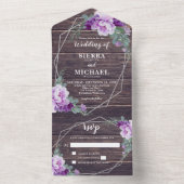 Rustic Barnwood Floral Silver & Paars Wedding All In One Uitnodiging (Binnen)