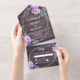 Rustic Barnwood Floral Silver & Paars Wedding All In One Uitnodiging
