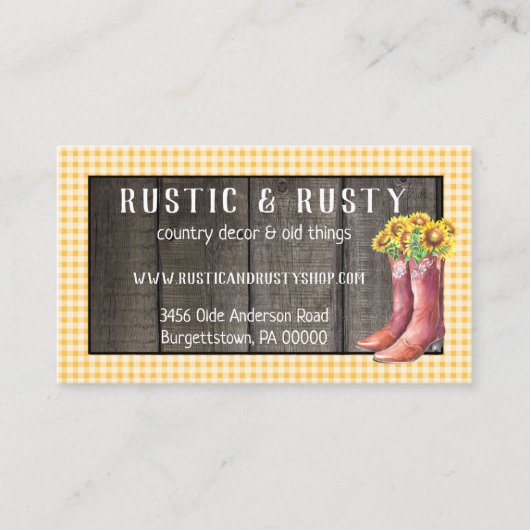 Rustic Barnwood & Gingham Sunflower Country Visitekaartje (Voorkant)