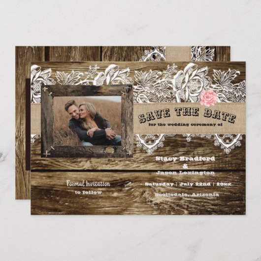 Rustic Barnwood & Lace Save The Date  Kaart (Voorkant / Achterkant)