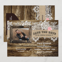 Rustic Barnwood & Lace Save The Date  Kaart