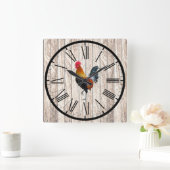 Rustic Barnwood-look Farmhouse Rooster Design Vierkante Klok (Huis)
