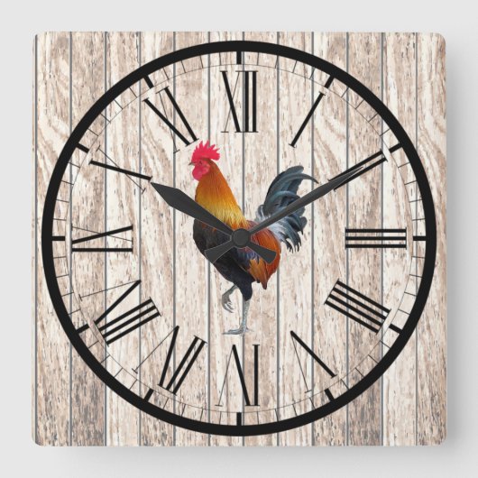 Rustic Barnwood-look Farmhouse Rooster Design Vierkante Klok (Voorkant)
