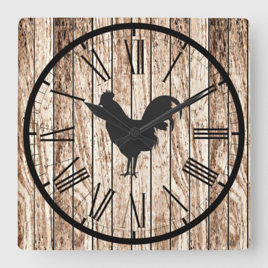 Rustic Barnwood-look Farmhouse Rooster Design Vierkante Klok (Voorkant)