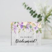 Rustic Barnwood Paars Floral Bridesmaid Voorstel Kaart (Staand voorkant)