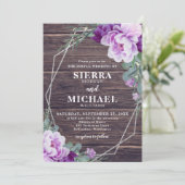 Rustic Barnwood Silver en Paarse Floral Wedding Kaart (Staand voorkant)
