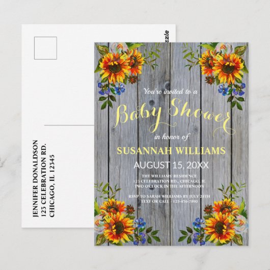 Rustic Barnwood Sunflower Baby shower Invitation Briefkaart (Voorkant / Achterkant)