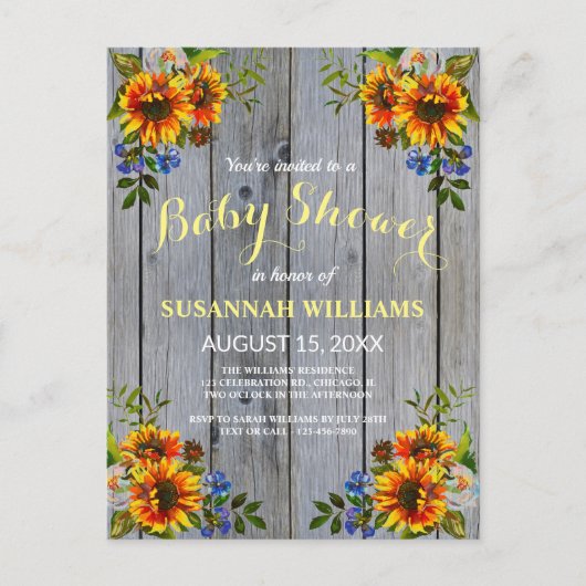 Rustic Barnwood Sunflower Baby shower Invitation Briefkaart (Voorkant)