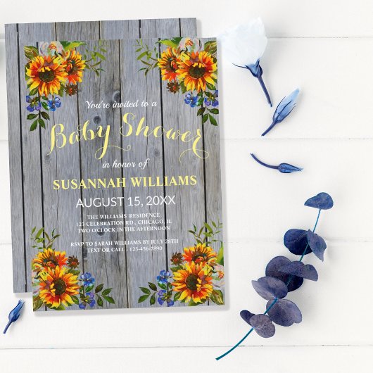 Rustic Barnwood Sunflower Baby shower Invitation Kaart