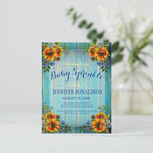 Rustic Barnwood Sunflower Baby Sprinkle Invitation Briefkaart (Staand voorkant)