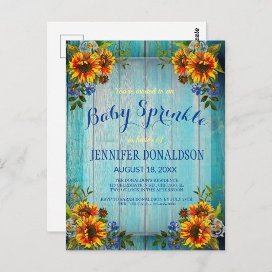 Rustic Barnwood Sunflower Baby Sprinkle Invitation Briefkaart (Voorkant / Achterkant)