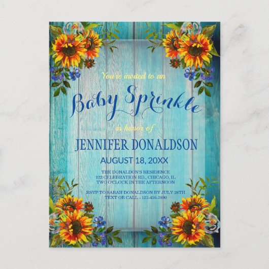 Rustic Barnwood Sunflower Baby Sprinkle Invitation Briefkaart (Voorkant)