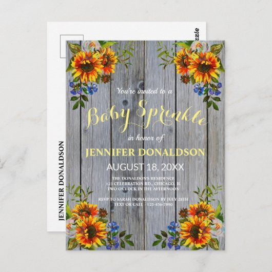 Rustic Barnwood Sunflower Baby Sprinkle Invitation Briefkaart (Voorkant / Achterkant)