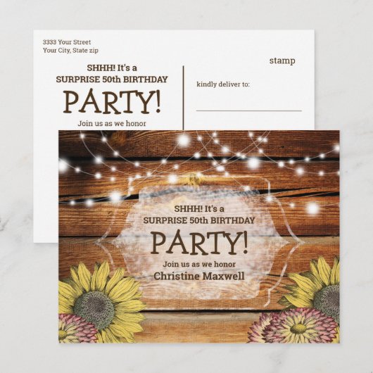 Rustic Barnwood Surprise Sunflower 50th Birthday Uitnodiging Briefkaart (Voorkant / Achterkant)