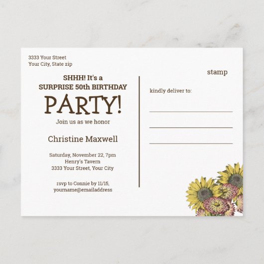 Rustic Barnwood Surprise Sunflower 50th Birthday Uitnodiging Briefkaart (Achterkant)