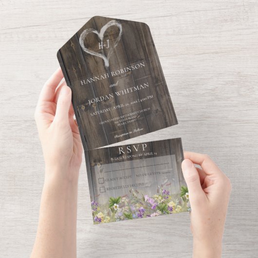 Rustic Barnwood & Wildflower No Dinner All In One Uitnodiging (Afscheurbaar)