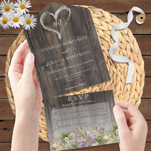Rustic Barnwood & Wildflower No Dinner All In One Uitnodiging