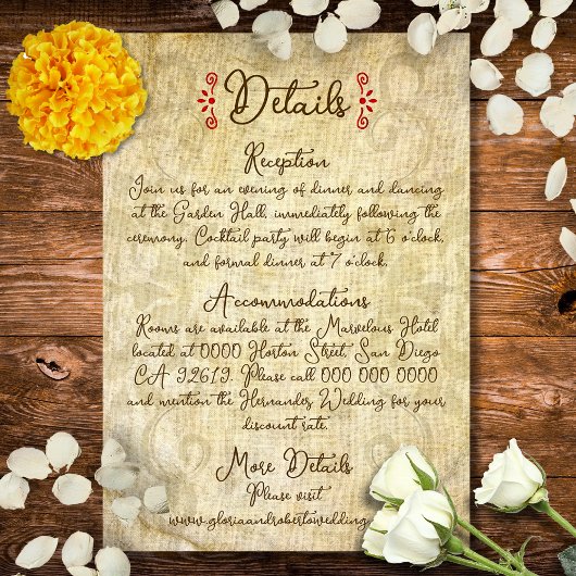 Rustic Baroque Floral Mexican Wedding Informatiekaartje