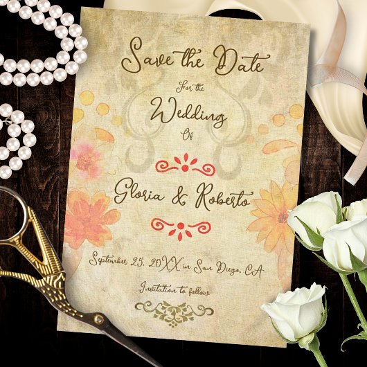 Rustic Baroque Floral Sacred Heart Mexican Wedding Save The Date
