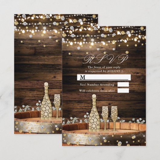 Rustic Barrel Champagne Lights Wedding RSVP Antwoo Kaart (Voorkant / Achterkant)