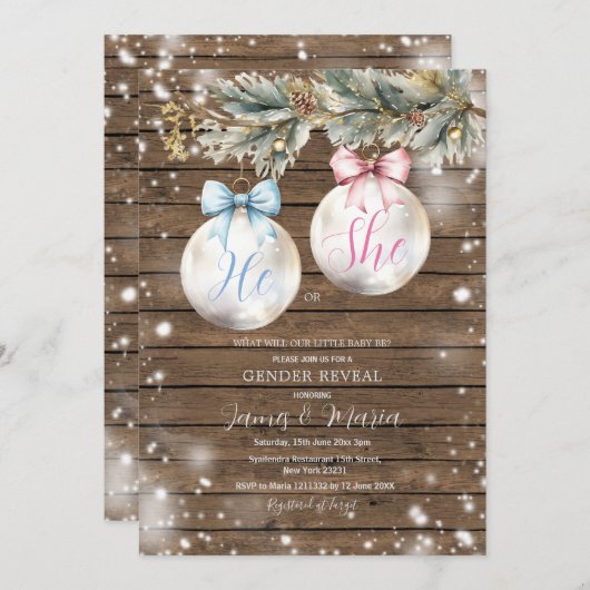 Rustic Bauble Blauw Roze Kerst Geslacht Onthulling Kaart (Voorkant / Achterkant)