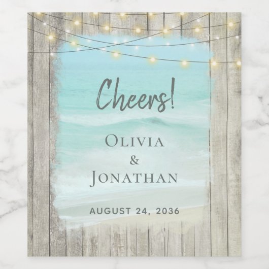 Rustic Beach Coastal String Lights Wedding Wijn Etiket (Enkel label)