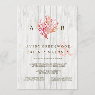 RUSTIC BEACH CORAL WOOD WEDDING INVITATION KAART