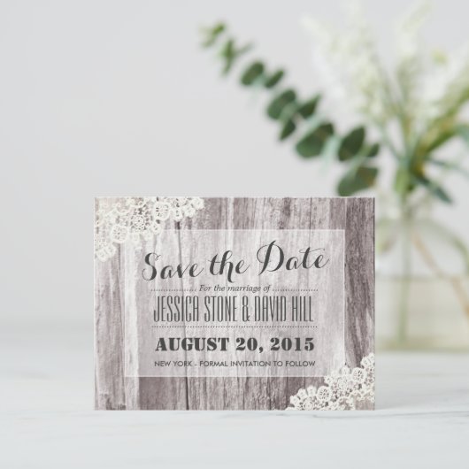 Rustic Beach Driftwood Laced Bewaar de datum Aankondigingskaart (Staand voorkant)