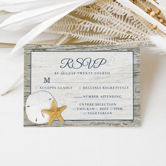 Rustic Beach Driftwood Sand Dollar Wedding RSVP Kaartje