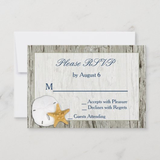 Rustic Beach Driftwood Sand Dollar Wedding RSVP Kaartje (Voorkant)