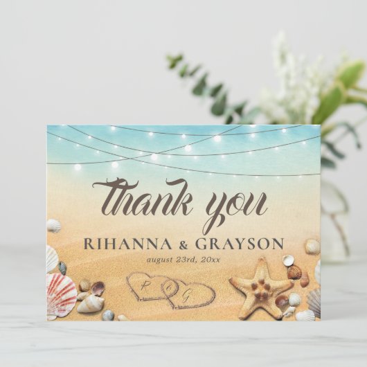 Rustic Beach Heart Shore bruiloft Dank u Bedankkaart (Staand voorkant)