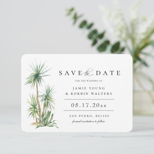 Rustic Beach Island Palm Save the Date Aankondiging (Staand voorkant)