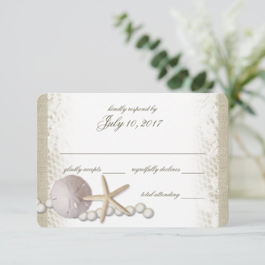 Rustic Beach Kant en Parels Reactie RSVP Kaartje (Staand voorkant)